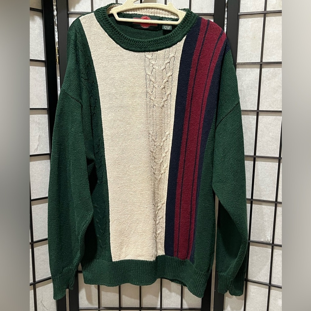 Stone Haven Green and CREAM COLOR BLOCK  GRANDPACORE RETRO  Sweater SIZE L
